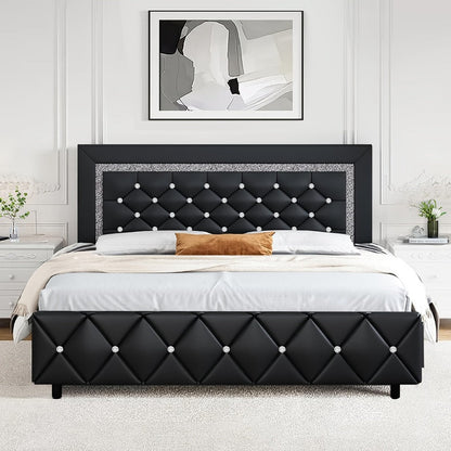 Upholstered Faux Leather Bed Frame with Solid Wood Construction, Platform Bed Base