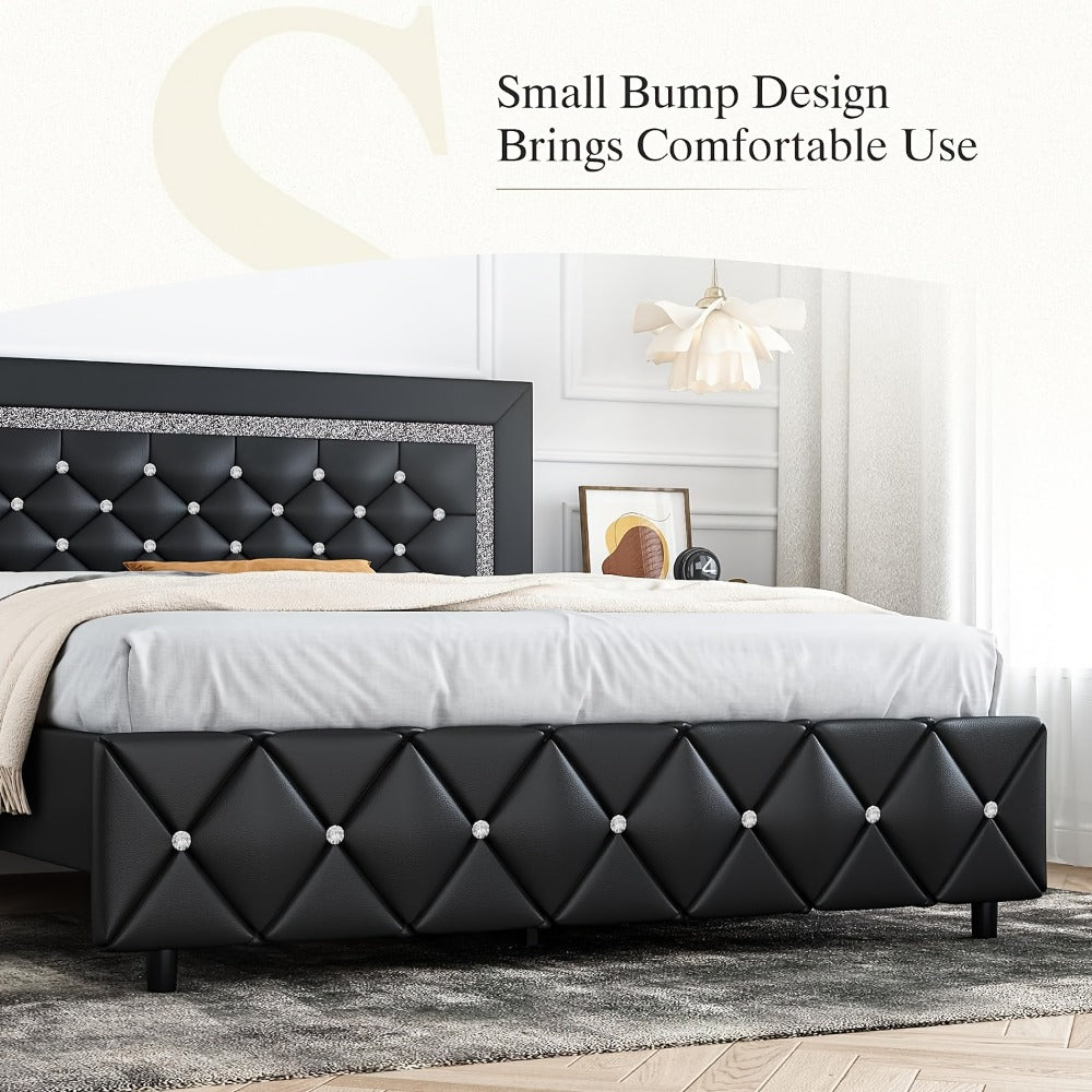 Upholstered Faux Leather Bed Frame with Solid Wood Construction, Platform Bed Base