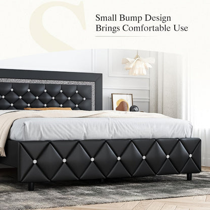 Upholstered Faux Leather Bed Frame with Solid Wood Construction, Platform Bed Base
