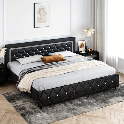 Upholstered Faux Leather Bed Frame with Solid Wood Construction, Platform Bed Base