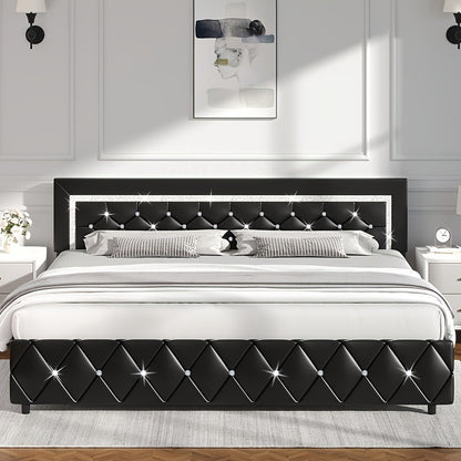 Upholstered Faux Leather Bed Frame with Solid Wood Construction, Platform Bed Base