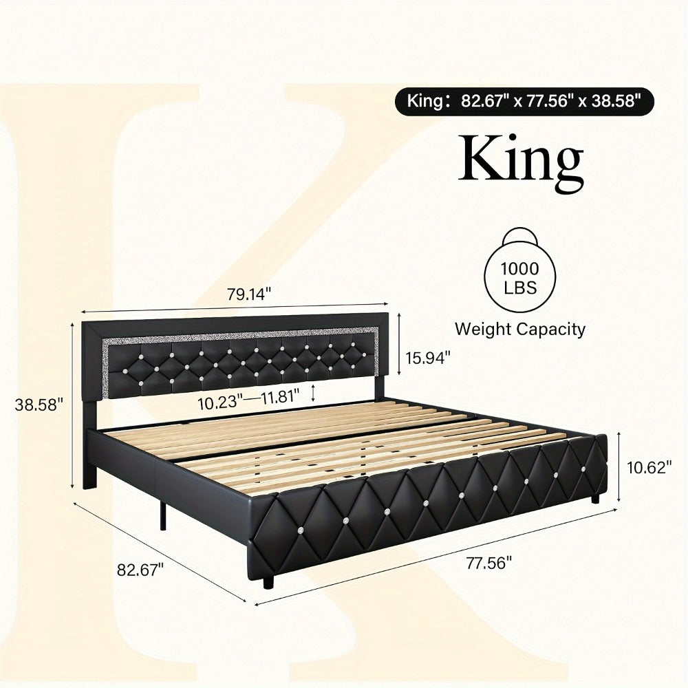 Upholstered Faux Leather Bed Frame with Solid Wood Construction, Platform Bed Base