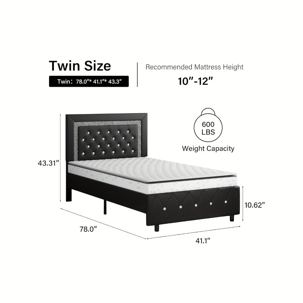 Upholstered Faux Leather Bed Frame with Solid Wood Construction, Platform Bed Base