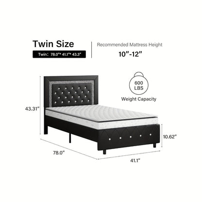 Upholstered Faux Leather Bed Frame with Solid Wood Construction, Platform Bed Base