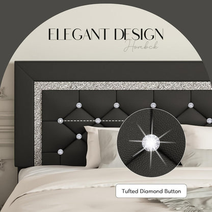 Upholstered Faux Leather Bed Frame with Solid Wood Construction, Platform Bed Base