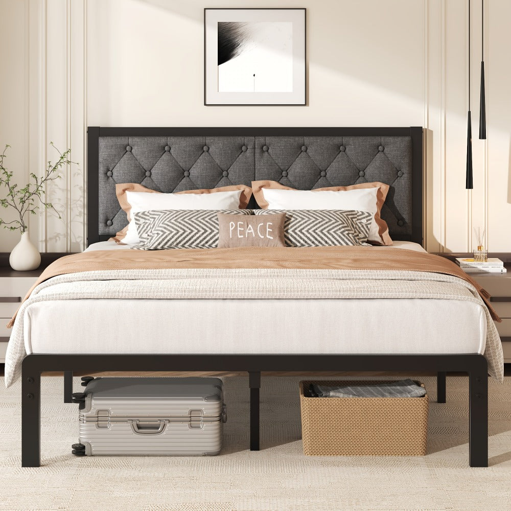 Bed Frame, Upholstered Platform with Button Tufted Headboard Noise-Free Steel Slats 12.6 shown in the main product view