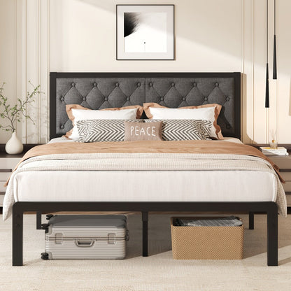 Bed Frame, Upholstered Platform with Button Tufted Headboard Noise-Free Steel Slats 12.6 shown in the main product view