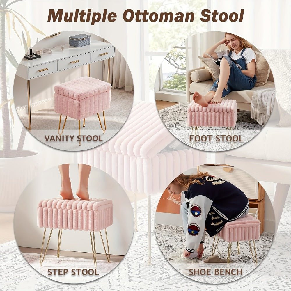 Upholstered Metal Vanity Stool with Hidden Storage for Entryway detail image