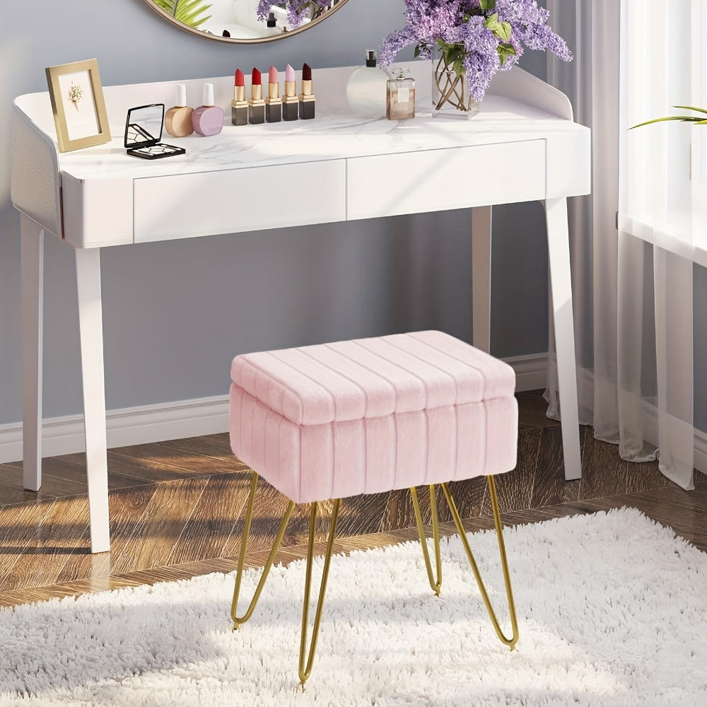 Vanity Stool with Storage Hidden Compartment Gold Metal Legs Upholstered Makeup Chair Shoe shown in the main product view