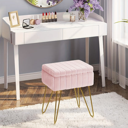Vanity Stool with Storage Hidden Compartment Gold Metal Legs Upholstered Makeup Chair Shoe shown in the main product view
