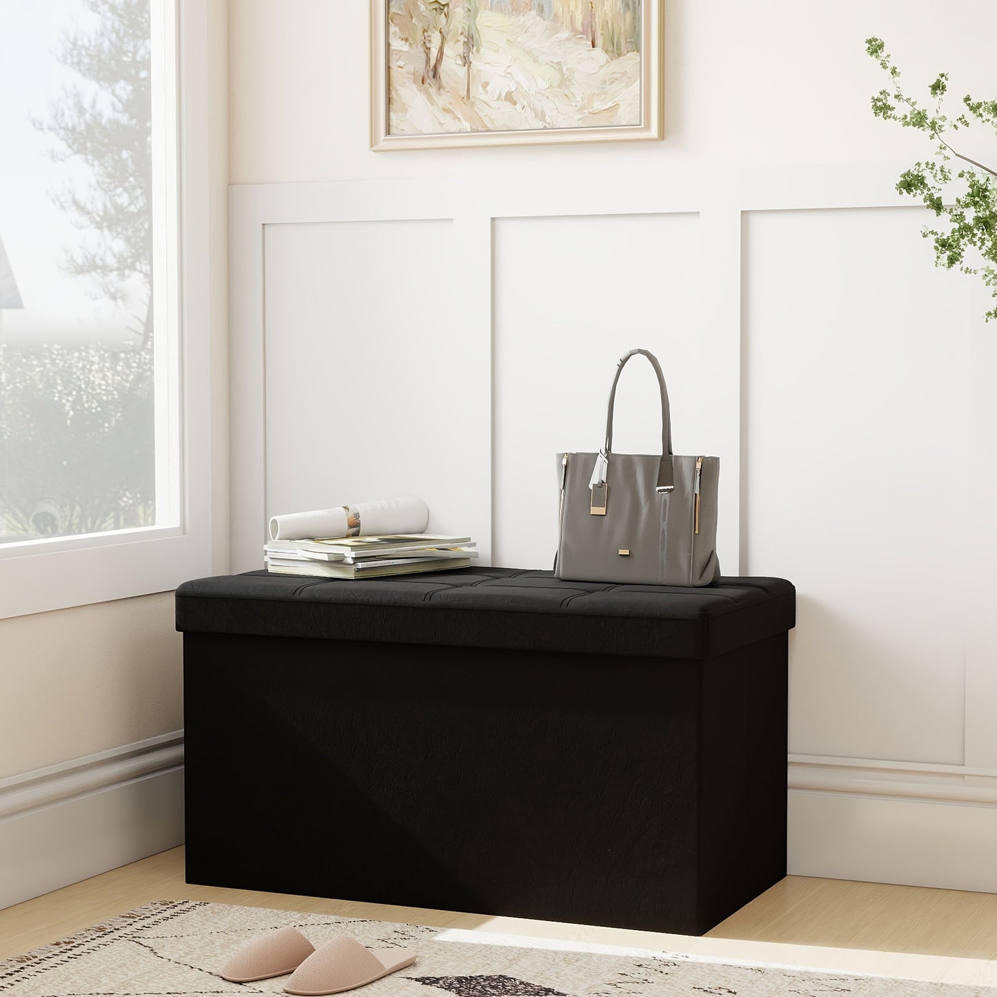Ottoman shown in the Black Leather - 31.5 Inches option