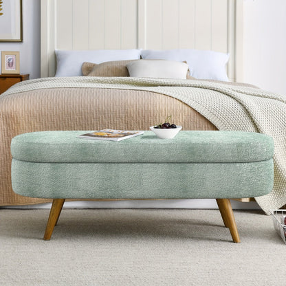 Storage Ottoman Bench, Upholstered with Solid Wood Legs, Fabric Padded Footstool & shown in the main product view