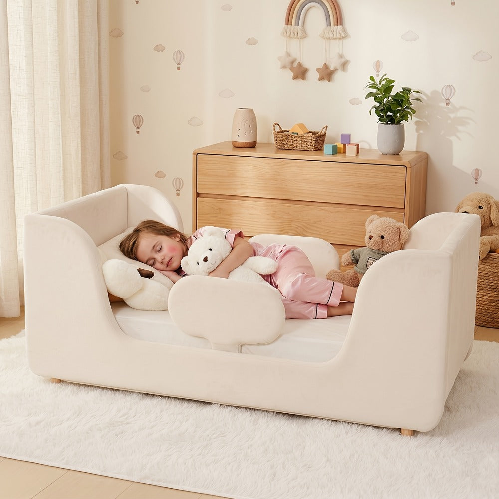 Toddler Bed Frame, Toddler Floor Bed Frame Velvet Upholstered, Crib Size Extra Broad Low shown in the main product view