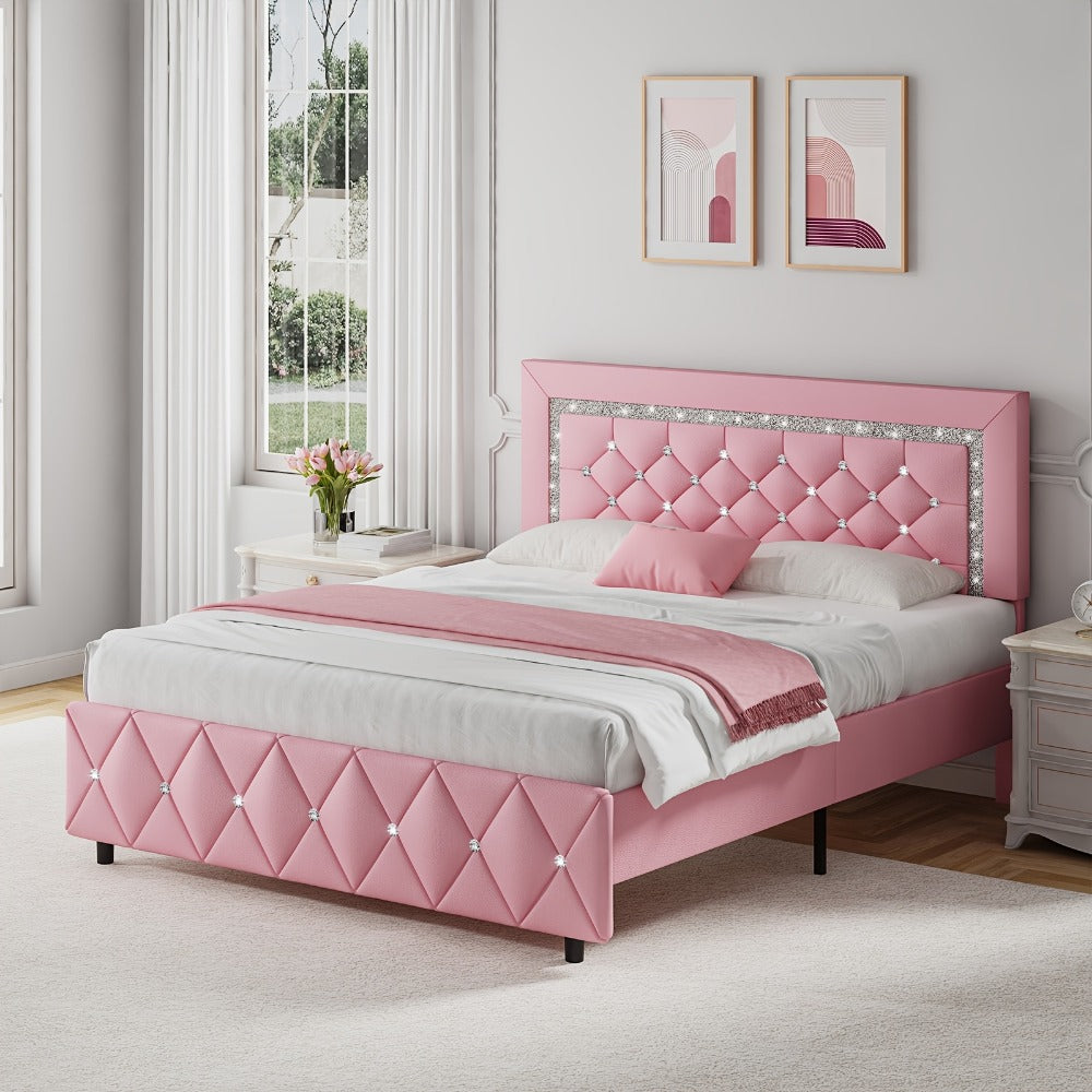 Bed Frame, Upholstered Platform with Button-Tufted Diamond Headboard - Wooden Slats, No shown in the main product view