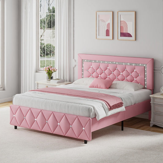 Bed Frame, Upholstered Platform with Button-Tufted Diamond Headboard - Wooden Slats, No shown in the main product view