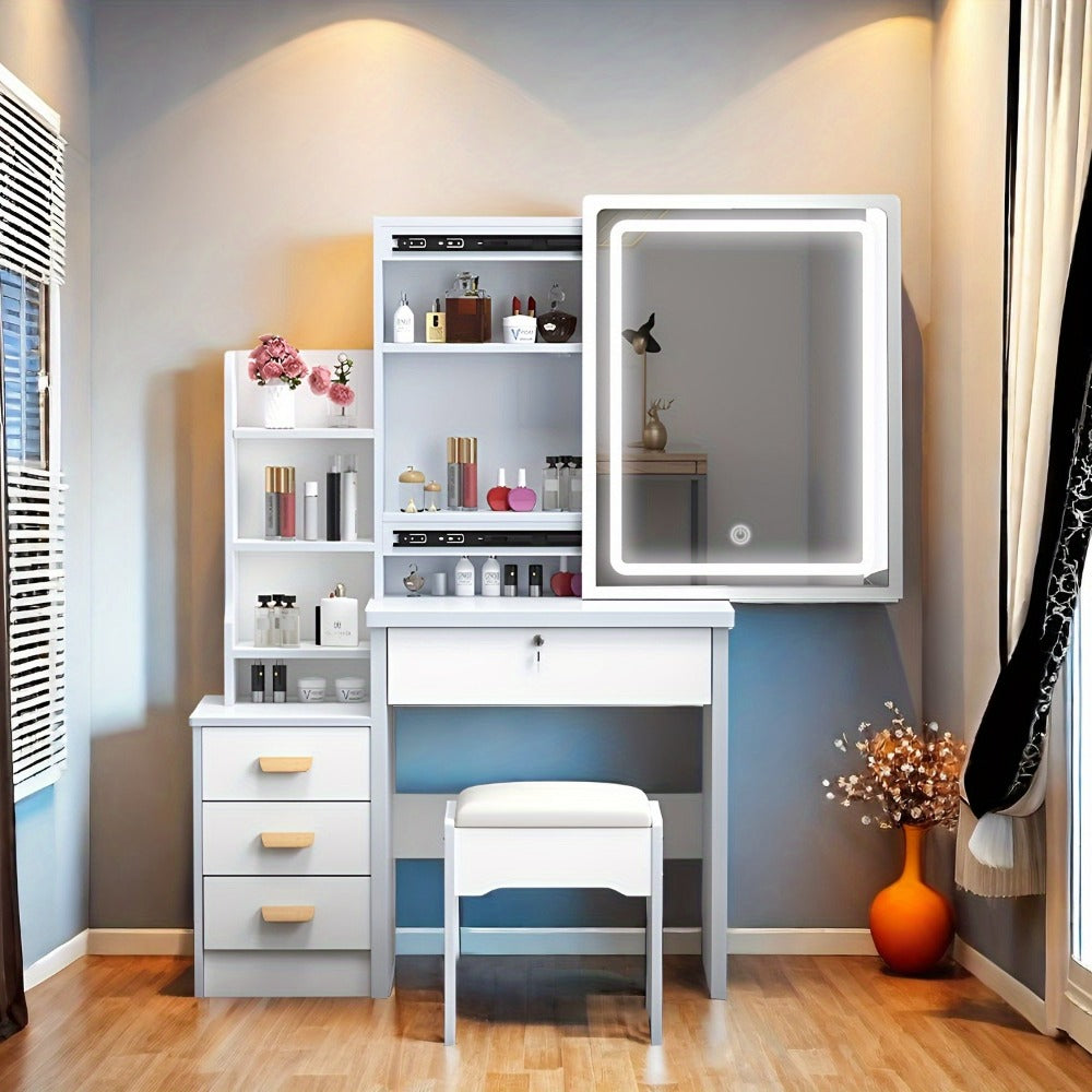 Vanity Tables, Vanity Dressing Table with Sliding Mirror & Cushioned Stool - 4 Drawers, 3 shown in the main product view