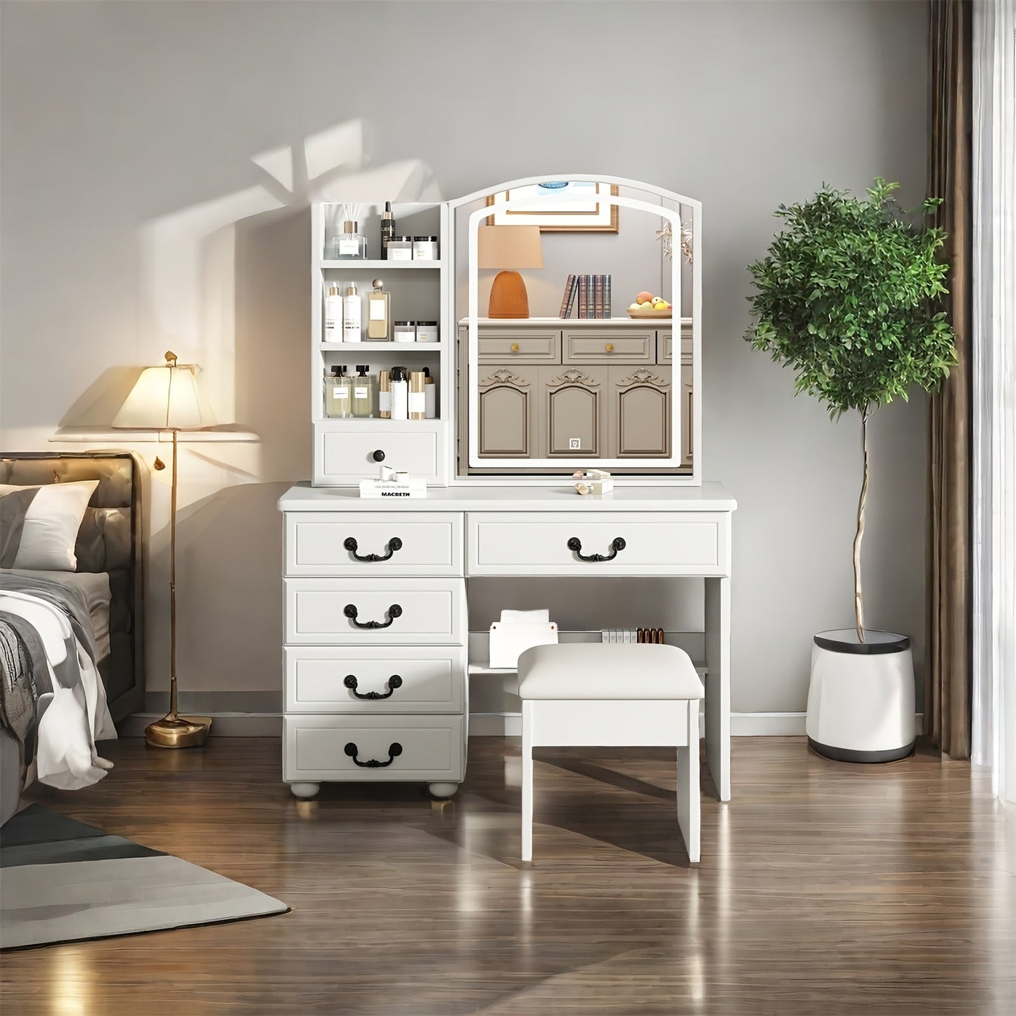 Vanity Tables shown in the White, 35.4"L x 15.7"W x 54.3"H option