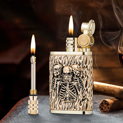 Kerosene Lighter 2-in-1 Permanent Match Flint Wheel Refillable – Golden Windproof Pocket Lighter with Built-In Match Strike, Unique Gift for Men, Father’s Day & Outdoor Use