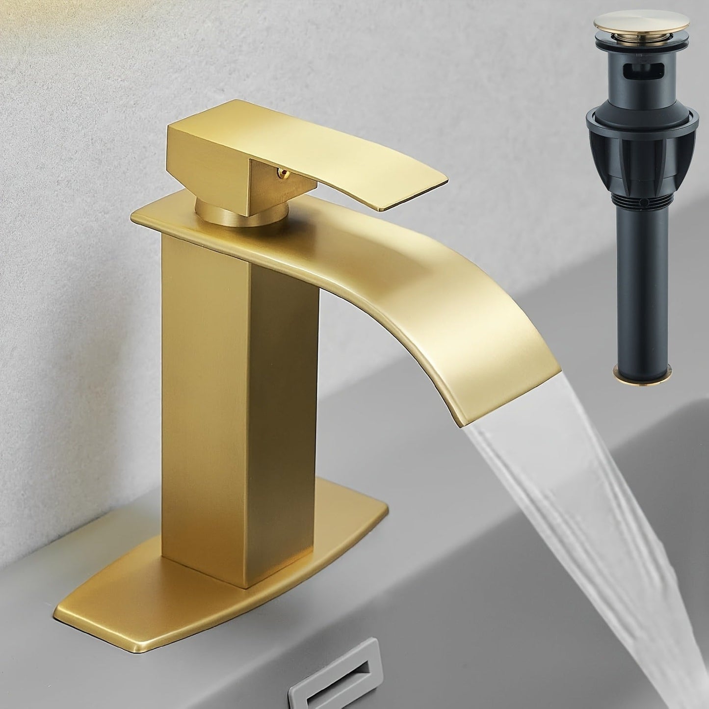 Waterfall Bathroom Sink Faucet, Single Hole or 3-Hole Mixer Tap with 6" Deck Plate, Ceramic Valve, Vanity Faucet for Farmhouse RV Bathroom, Brushed Gold Matte Black Nickel Chrome