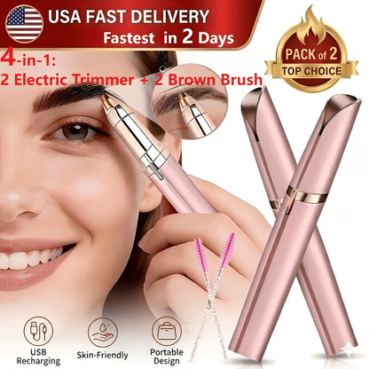 Electric Eyebrow Trimmer for Women 2 Pack, USB Rechargeable Painless Precision Eyebrow Razor Pen, Portable Hair Remover for Face Lip Leg Armpit – Pink White Colorful