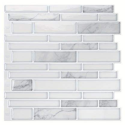 Peel and Stick Backsplash Tile Stickers 10-Sheet - White Marble Self Adhesive Wall Tiles for Kitchen & Bathroom, No Grout DIY Stick On Tiles | Heat & Moisture Resistant, Easy Install Backsplash