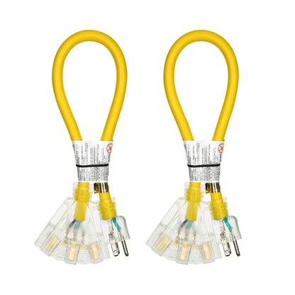 Heavy Duty Extension Cord Splitter Tri-Tap 2-Pack – 15A SJTW Contractor Grade, LED Lighted Plug, 2ft Yellow Jacket for Outdoor & Job Site Use