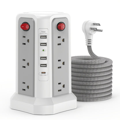 Power Strip Tower Surge Protector 16 AC Outlets 5 USB Ports PD20W USB-C Fast Charging Flat Plug Extension Cord 1500J Overload Protection Desktop Charging Station for Home Office Dorm