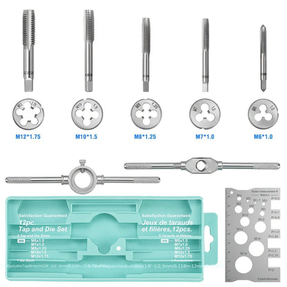 Tap and Die Set Metric – 12-Piece & 40-Piece M3-M12 Thread Plug Straight Taper with Pitch Calipers & Wrench, Internal & External Threading Tool Kit for Metal, DIY & Home Repair