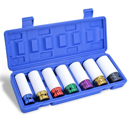 Lug Nut Socket Set 7-Piece 1/2" Drive – Metric 17/19/21/22/23/24/27mm Thin Wall Impact Wheel Sockets with White Protective Covers for Car, Truck & SUV Tire Changes