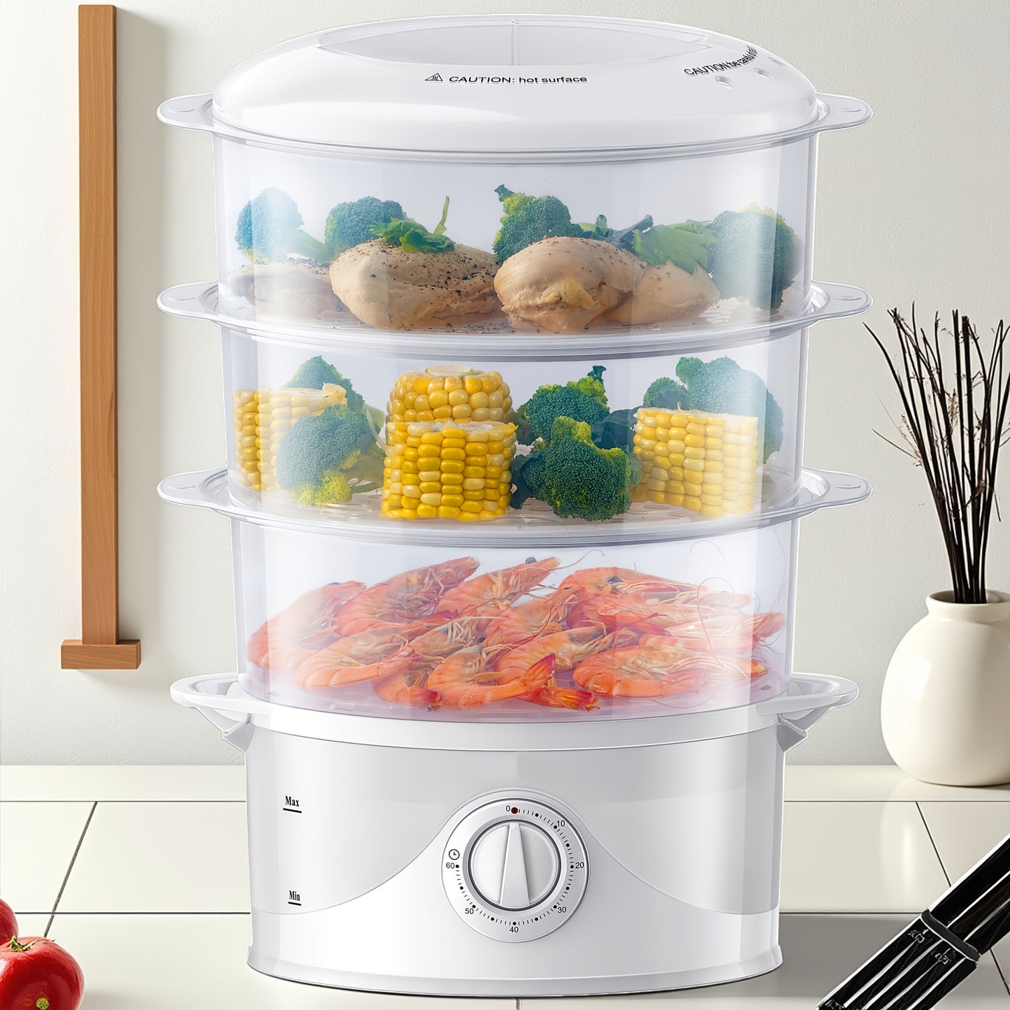 Electric Food Steamer 3-Tier 9.6QT Large Capacity, 800W Fast Cooking, 60-Min Timer, Boil-Dry Protection, Dishwasher Safe & BPA-Free – Multi-Tier Steamer for Vegetables, Dumplings & Family Dinners