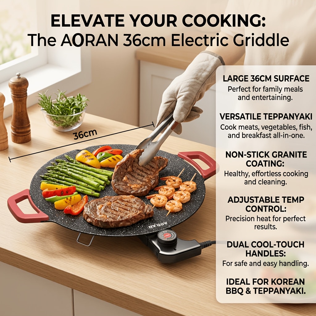 Electric Griddle Non-Stick with Adjustable Temperature – 14.17" & 15.75" Sizes, Fast Heating for Pancakes, Crepes, Pizza & BBQ, Easy Clean Portable Cooking Pan for Breakfast & Family Meals