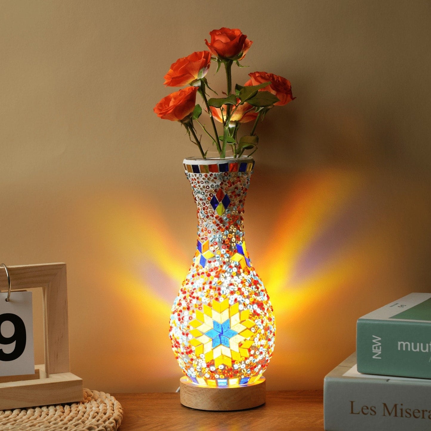Mosaic Vase Lamp Turkish Moroccan Handmade Colorful Glass Table Lamp with Wooden Base – USB Plug-In Boho Night Light, Flower Vase Lamp for Bedroom Living Room Decor, Bohemian Mosaic Desk Lamp Gift