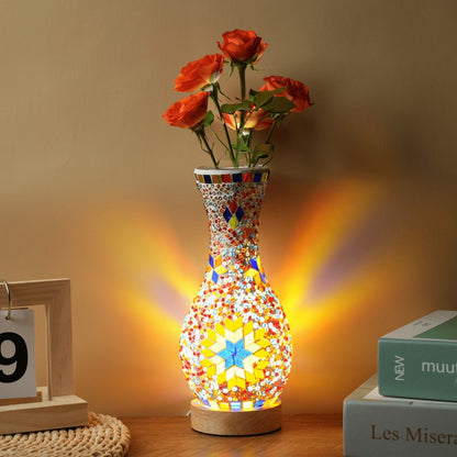 Mosaic Vase Lamp Turkish Moroccan Handmade Colorful Glass Table Lamp with Wooden Base – USB Plug-In Boho Night Light, Flower Vase Lamp for Bedroom Living Room Decor, Bohemian Mosaic Desk Lamp Gift