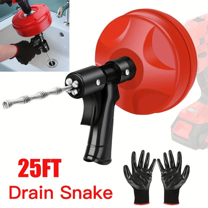 Drain Snake Auger 25ft with Drill Adapter - Heavy Duty Manual & Drill-Powered Plumbing Snake, 1/4" Spiral Head for 1-1/4" to 3" Pipes, Clog Remover for Shower Sink Toilet Bathtub, Gloves Included