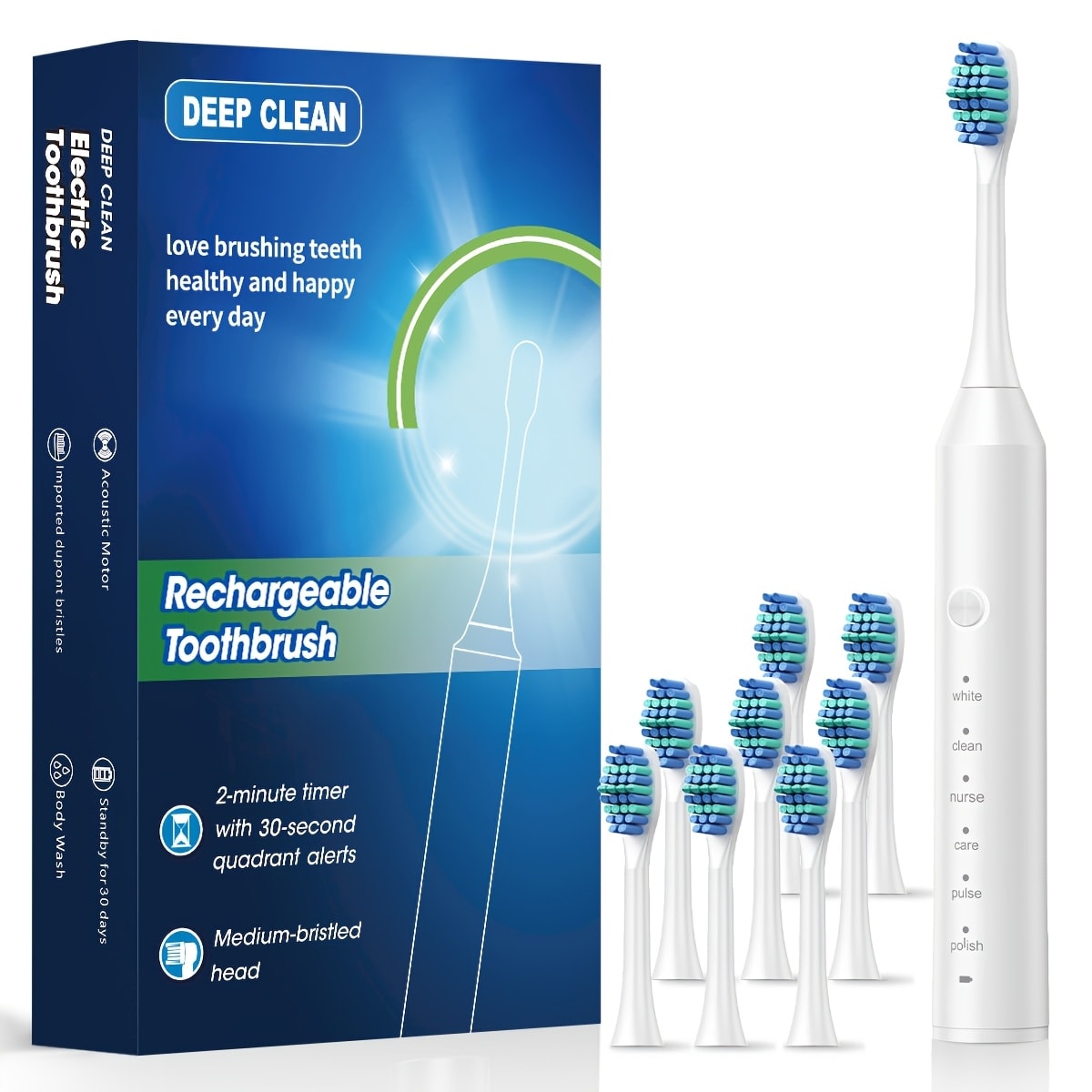 Rechargeable Toothbrush – 6 Cleaning Modes, 500mAh Lithium Battery, USB Charging, Soft Bristles, 4 or 8 Brush Heads, Black White Pink Electric Toothbrush for Adults Deep Clean & Whitening