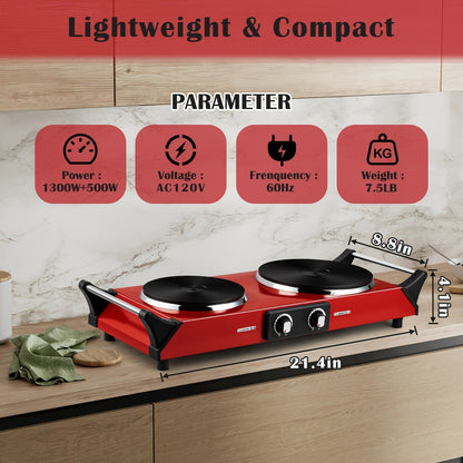 Hot Plate Electric Burner with Temperature Control – Dual Size Coil Burners 7.4in & 6.1in, Countertop Electric Stove for Daily Cooking, Dorm, Office & Travel, Multiple Colors Available