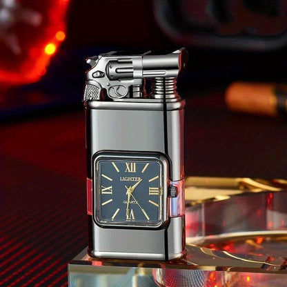 Double Flame Torch Lighter for Men – Windproof Refillable Butane Lighter with Vintage Quartz Dial, Zinc Alloy Body, Gift Box Included, Outdoor Camping BBQ Survival, Unique Engraved Style (Butane Not Included)
