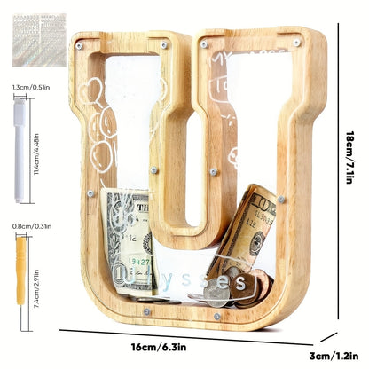 Alphabet Wooden Money Bank for Adults A to Z Letter Piggy Bank – Personalized Coin Bank Home Decor Craft Art Decoration, Ideal Gift for Ages 14 and Up