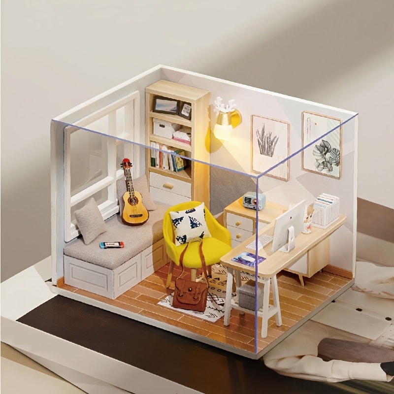 DIY Miniature House Kit Sunshine Study – Handmade Wooden Building Model Mini Collection Scene Home Decoration Shelf Display, Creative Craft Gift for Adults Teens Birthday Christmas Valentine's Day