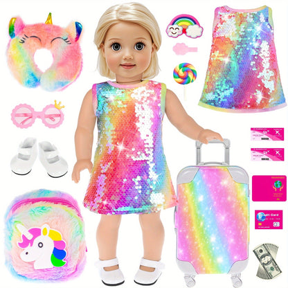 18 Inch Doll Travel Accessories Set 24 Pcs – Suitcase Dress Handbag Shoes Glasses Passport Bank Card Tickets Hairbands & U-Pillow, Fits American Girl Dolls School Adventure Gift for Girls Ages 3+ No Doll