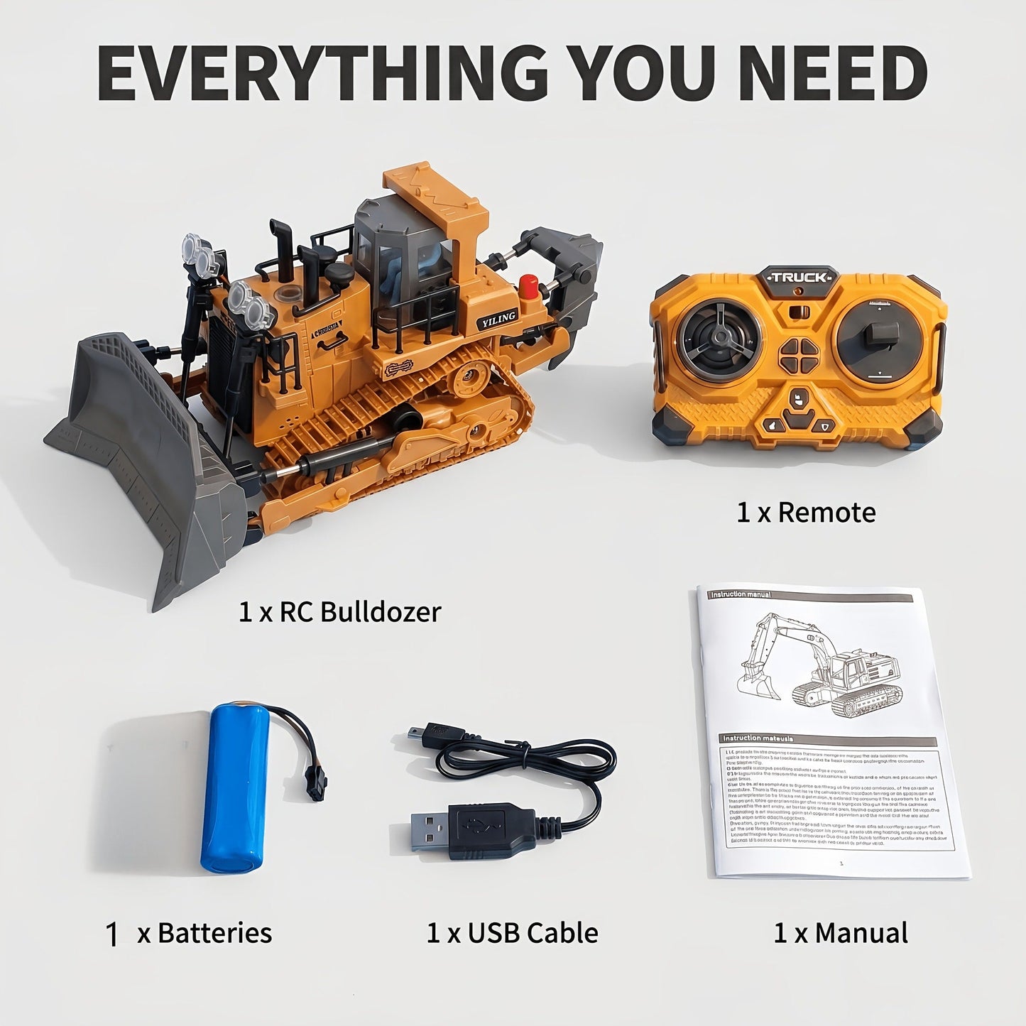 RC Bulldozer 1:24 Scale Alloy with 680° Rotation & Working Arm – 2.4GHz Remote Control Construction Vehicle for Kids, Outdoor Sand & Grass All-Terrain Play, Birthday Christmas Gift for Boys Ages 6+