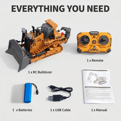 RC Bulldozer 1:24 Scale Alloy with 680° Rotation & Working Arm – 2.4GHz Remote Control Construction Vehicle for Kids, Outdoor Sand & Grass All-Terrain Play, Birthday Christmas Gift for Boys Ages 6+
