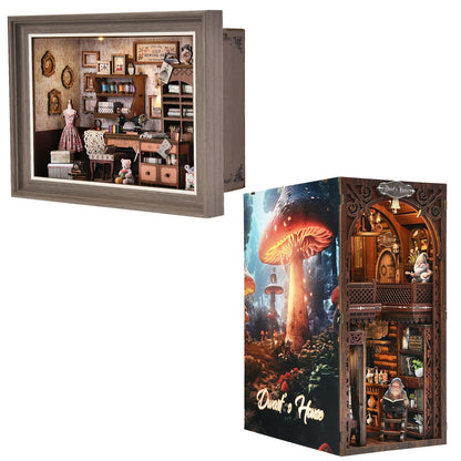 Book Nook Insert Kit DIY 3D Wooden Sewing House Miniature Model Building Set – Bookshelf Decor Craft for Adults Teens, Birthday Christmas Housewarming Gift, Choose Seam House Fireplace or Dwarf Style