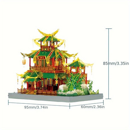 Chinese Street View Metal Model Kit – MU 3D Puzzle Traditional Architecture, Tianloc Pavilion Chiya Chai Tea House Drunk Xiao Lou, Green & Gold DIY Assembly, Unique Birthday Christmas Gift