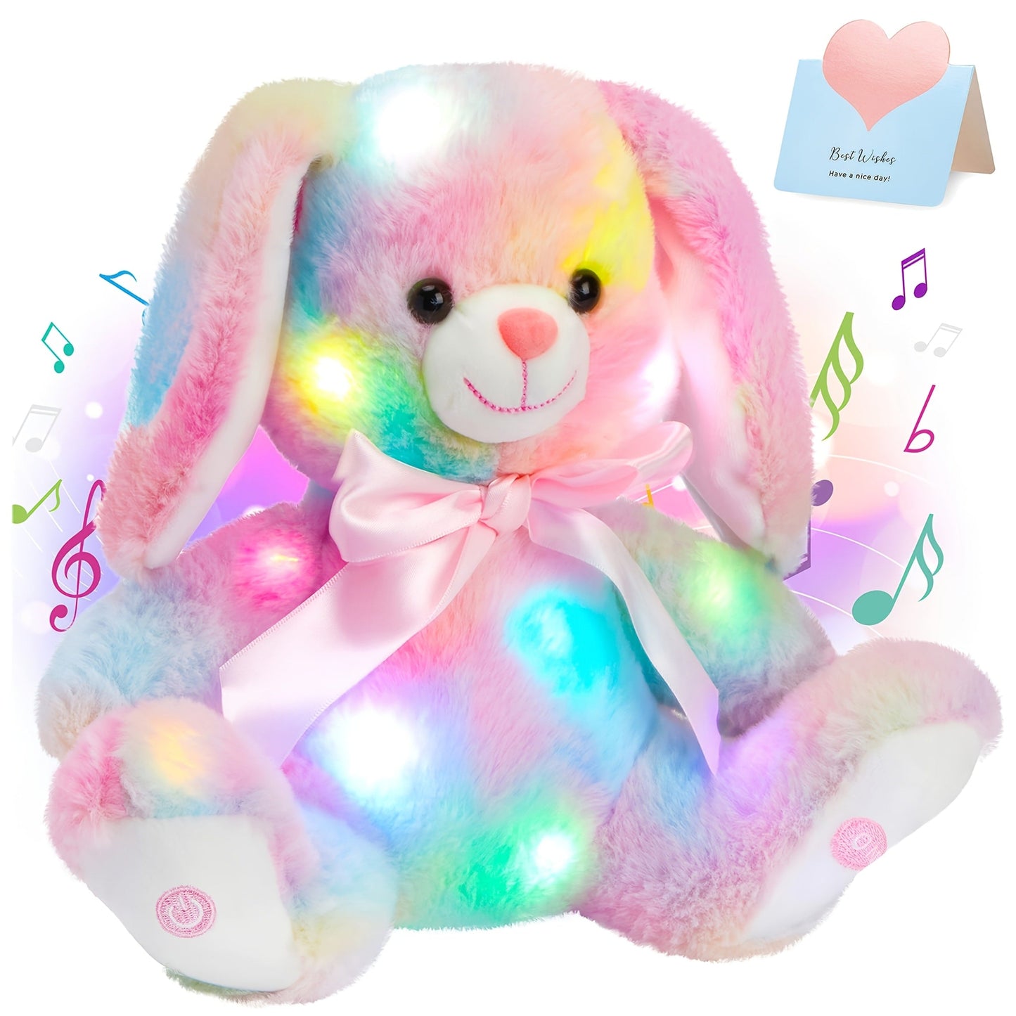 Musical Glowing Bunny Plush Toy 10 Inch – Rainbow Lop Ear Rabbit Stuffed Animal with LED Night Light & Lullaby Music for Toddlers Kids, Birthday Christmas Valentine Gift for Girls