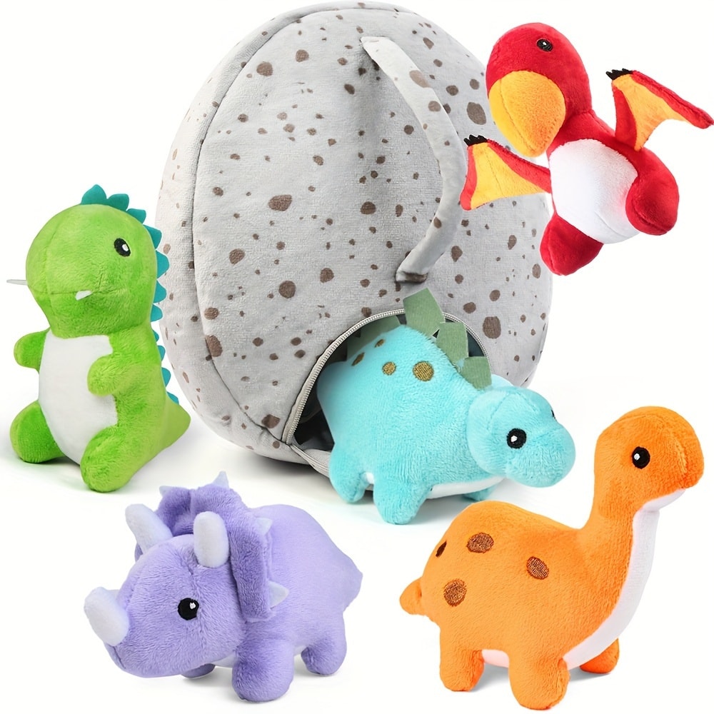 Dinosaur Stuffed Animals 5-Pack Plush Dino Set with Egg Carrier Bag | T-Rex Triceratops Stegosaurus Pterodactyl Brachiosaurus | Baby Safe Toddler Gift for Boys Girls