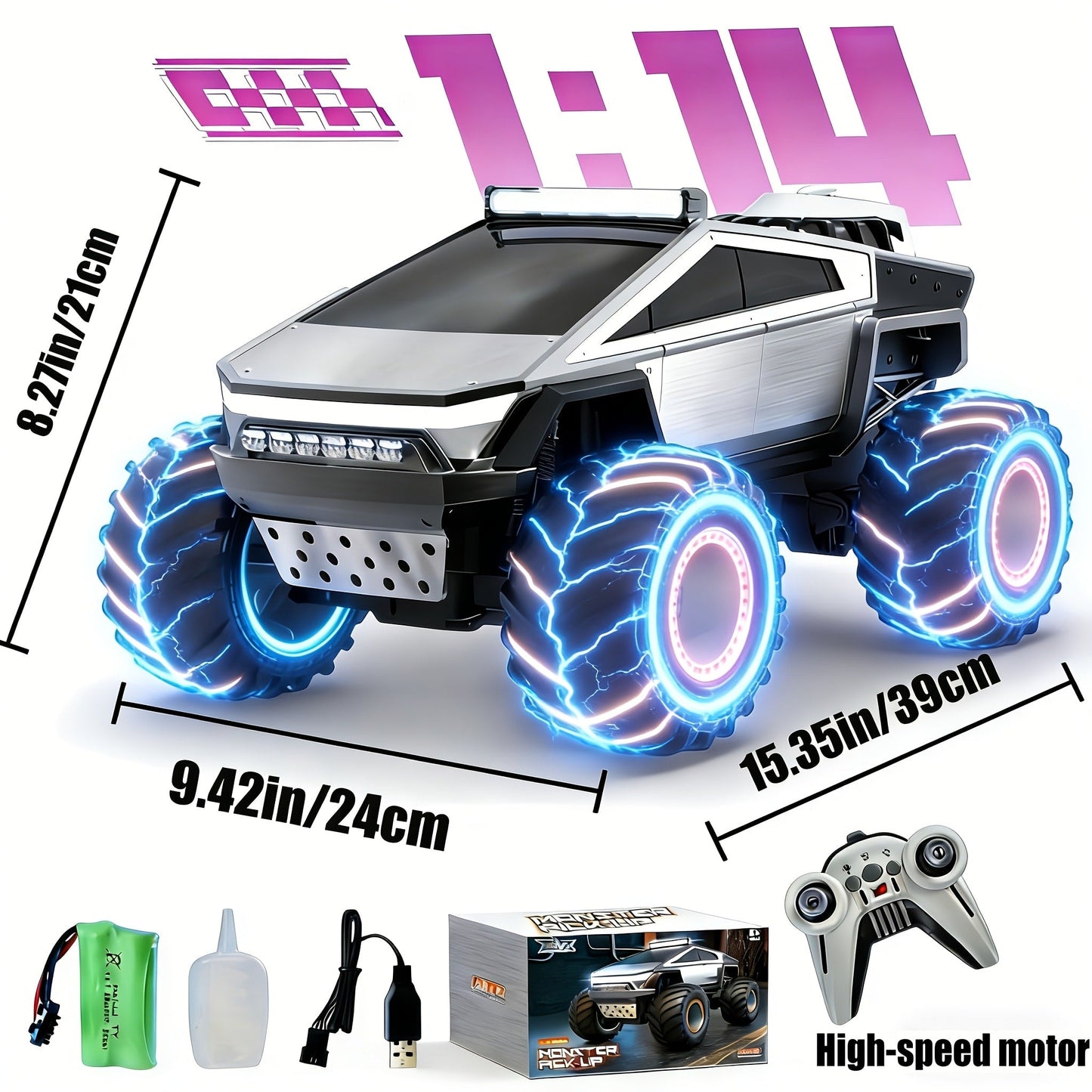 RC Monster Truck Toy 1:14 & 1:18 Scale 2.4GHz 4WD All-Terrain Off-Road Vehicle with LED Lights, Water Spray Effect, Realistic Engine Sound, Metal Body, Big Wheels – Kids Gift