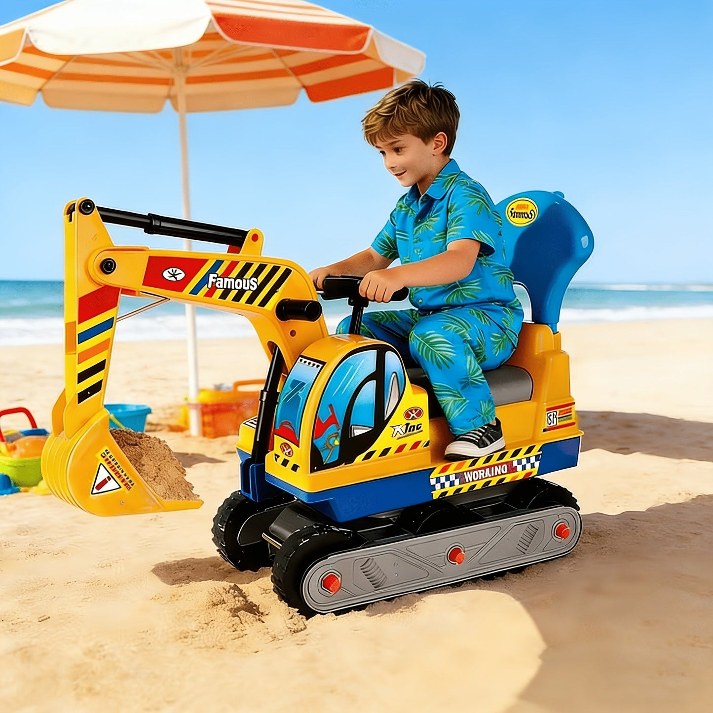 Ride-On Excavator Toy for Kids with Manual Digging Arm – Sit-In Construction Vehicle Scooter for Boys Girls Ages 3+ Outdoor Sandbox Digger Birthday Gift Supports up to 52.7 lbs