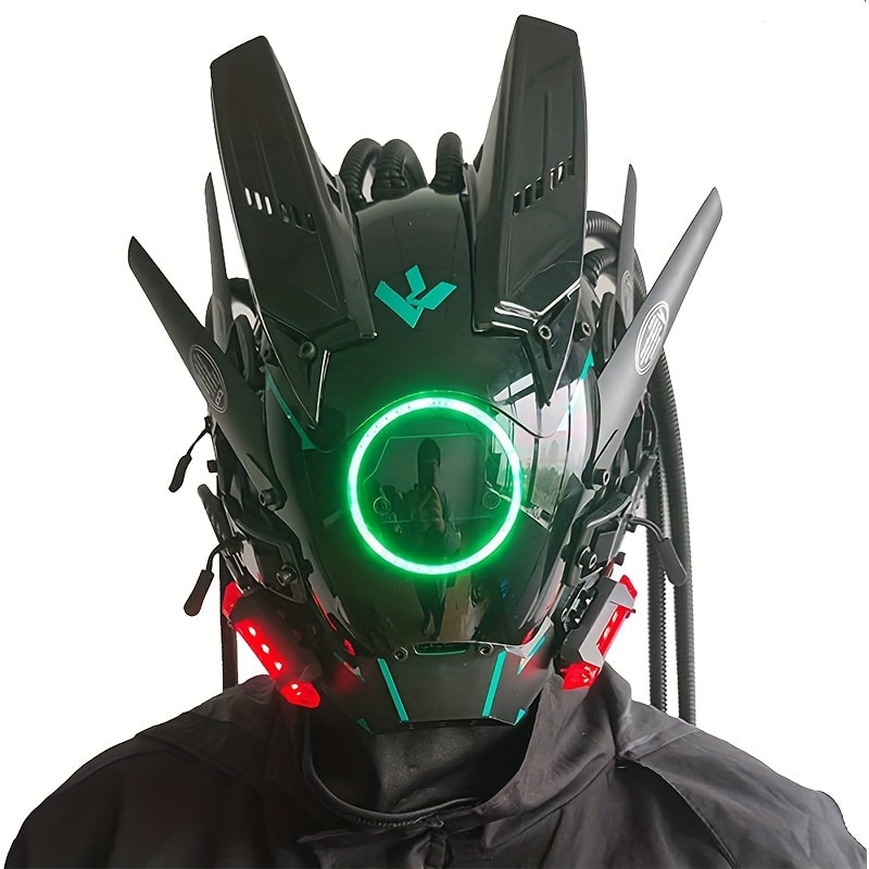 LED Punk Mask with Tubular Braids & Helmet – Futuristic Sci-Fi Mechanical Cosplay Mask for Halloween, Rave Music Festival & Party, Blue Green Pink, Handmade TPU PC Unisex Adult Costume Prop