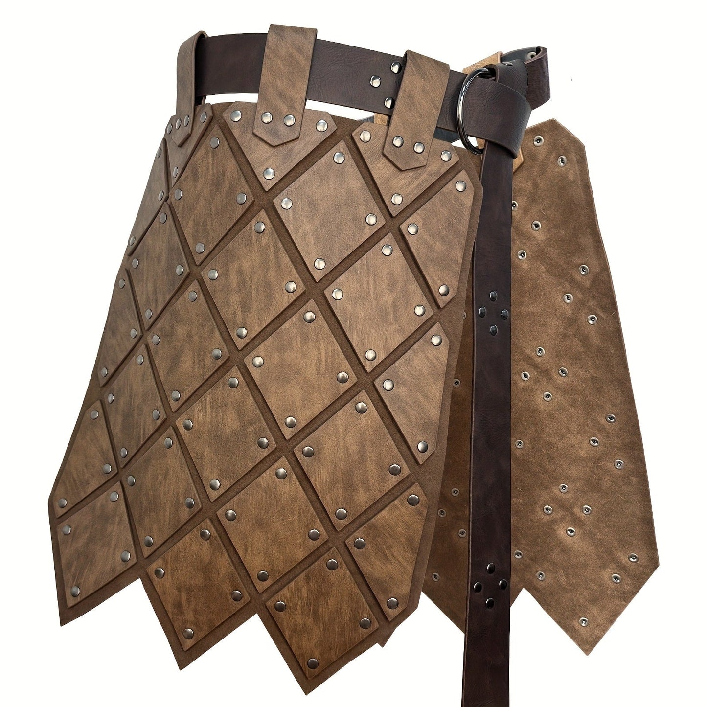 Medieval Armor Skirt Faux Leather with Geometric Plates & Metal Studs – Viking BC Style Retro Cosplay Costume for Halloween, Renaissance Faire, LARP & Festivals, Khaki Dark Brown Black, Gift for Men Women